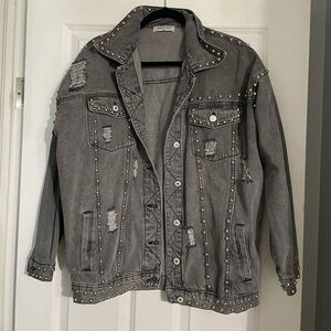 Studded Washed Black Denim Oversized Jacket